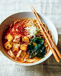 Spicy miso soba noodle soup with ginger teriyaki tofu