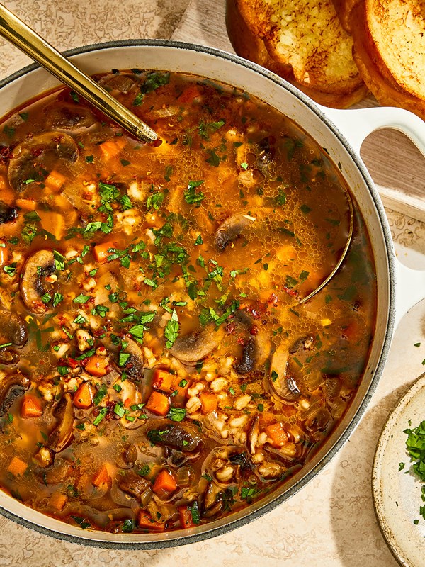 Spicy mushroom barley soup with garlic challah toasts