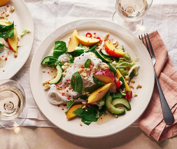 Spicy nectarine & herb noodle salad