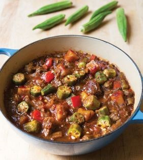 Spicy okra, lamb + potato braise (Khoresh-e bamieh ba sibzamini)