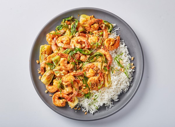 Spicy peanut-sesame stir-fried shrimp