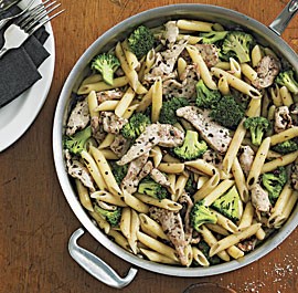 Spicy penne tossed with chicken, broccoli, and chopped olives