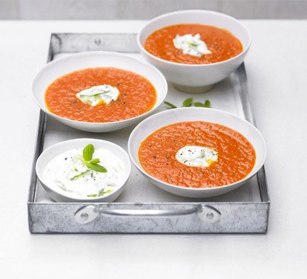 Spicy pepper & tomato soup with cucumber yoghurt