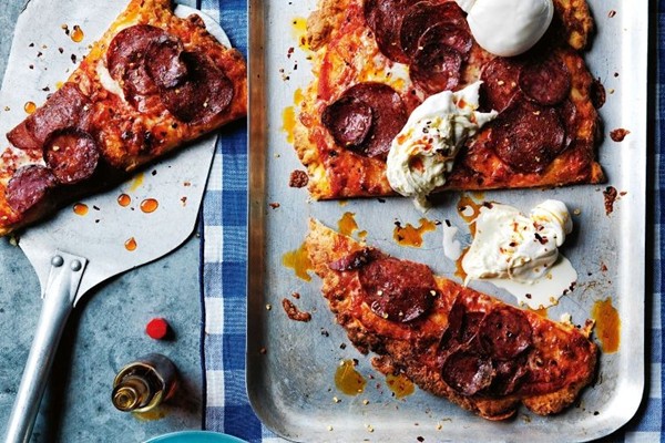 Spicy pepperoni & burrata flatbread