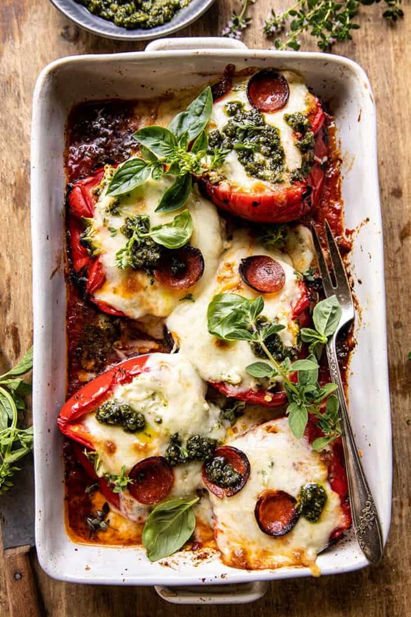 Spicy pesto cheese stuffed roasted red peppers