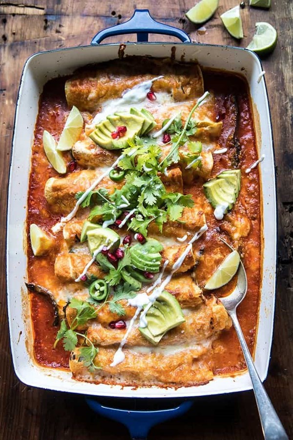 Spicy poblano, black bean, and quinoa enchiladas