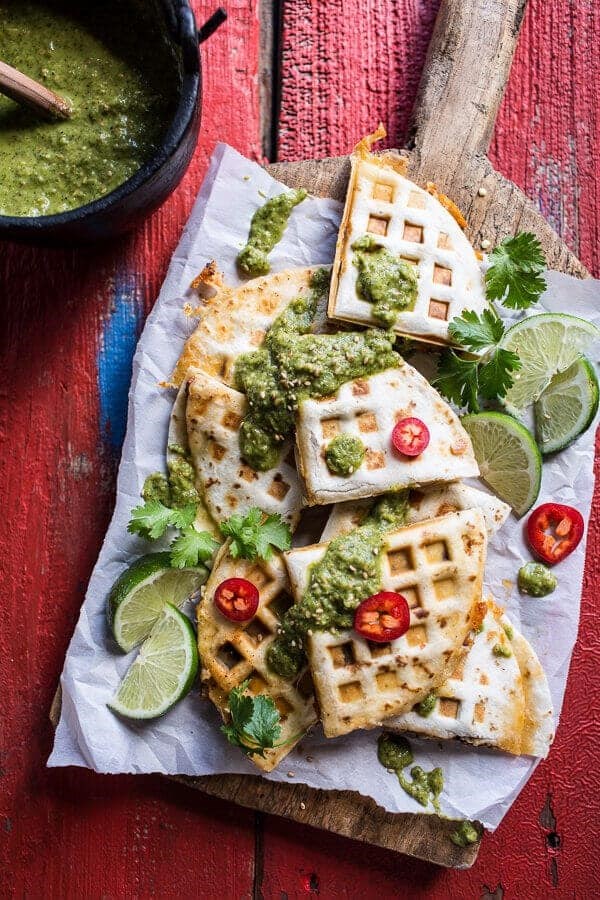 Spicy pork al pastor quesadilla with roasted tomatillo salsa verde