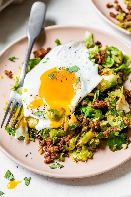 Spicy pork Brussels bowls