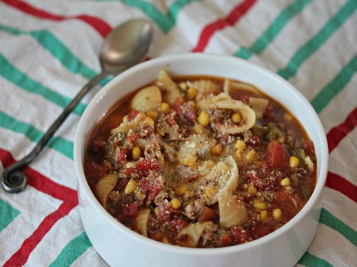 Spicy pork, green pepper, and corn soup