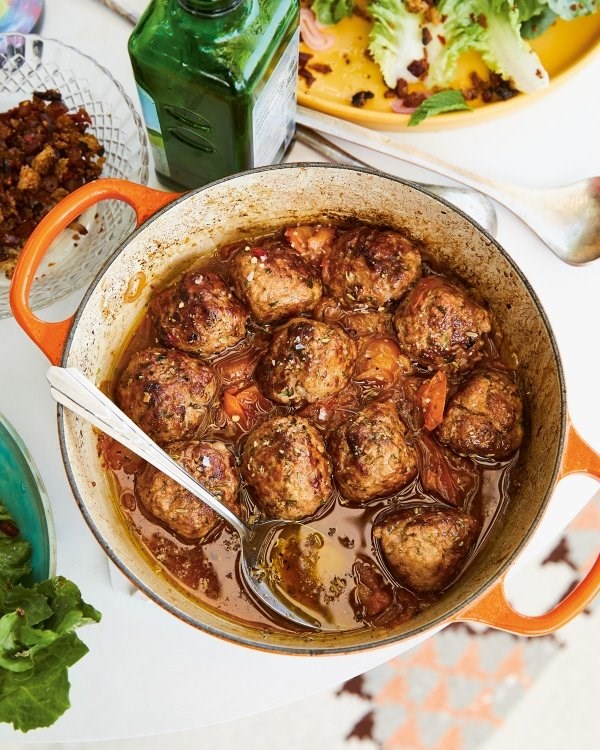 Spicy pork meatballs in brothy tomatoes and toasted fennel
