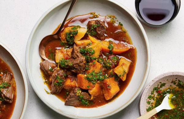 Spicy pot roast with oranges, sweet potatoes, and Calabrian chile gremolata