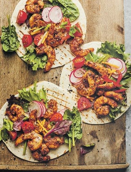 Spicy prawn & rainbow salad tacos