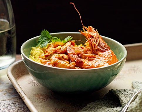 Spicy prawn curry with quick pilau rice