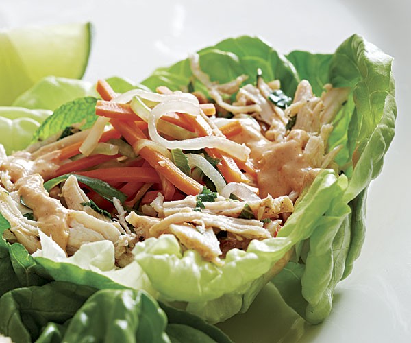 Spicy pulled chicken lettuce wraps with peanut sauce