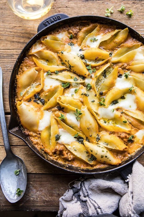 Spicy pumpkin and pesto cheese stuffed shells
