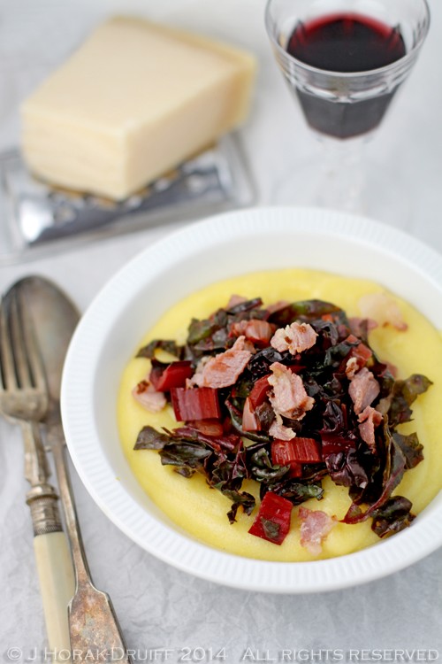 Spicy rainbow chard on creamy polenta