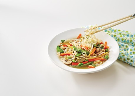 Spicy ramen stir-fry with broccoli, tofu, and mandarin oranges