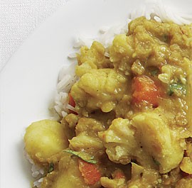 Spicy red lentil dal with winter vegetables