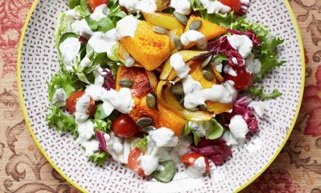 Spicy roasted butternut squash salad with tahini and yoghurt dressing