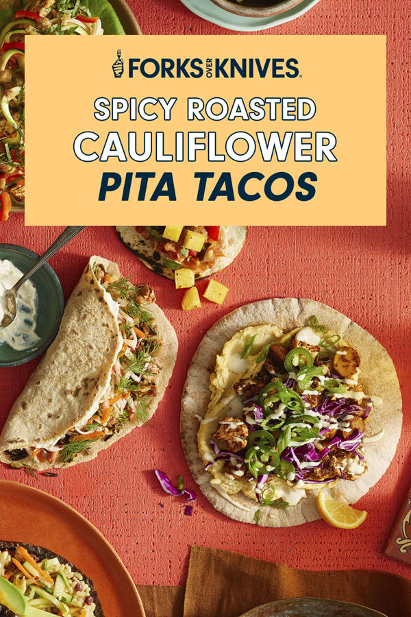 Spicy roasted cauliflower pita tacos