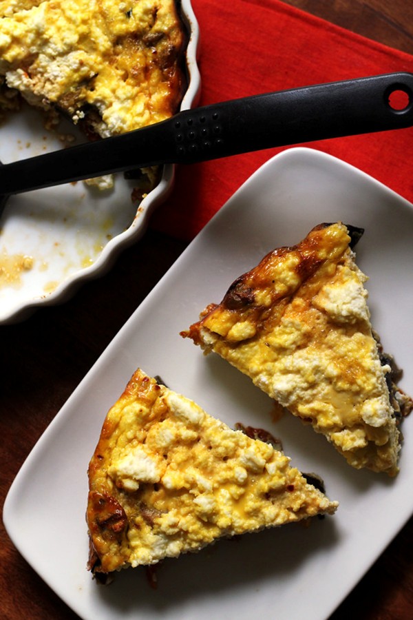 Spicy roasted eggplant, tomato, and ricotta frittata
