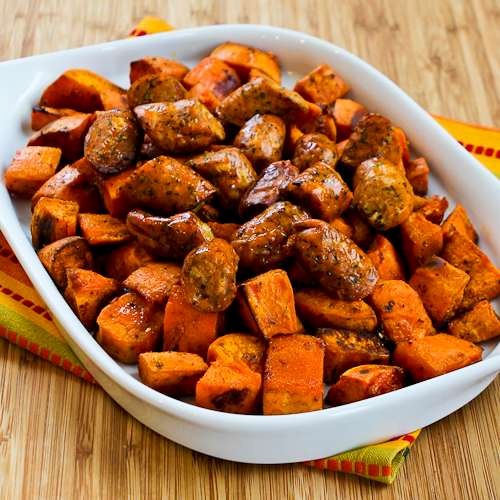 Spicy roasted sweet potatoes and chicken-garlic sausage