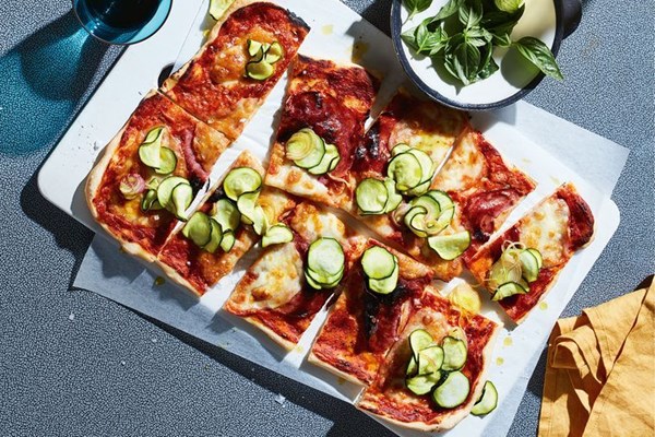 Spicy salami pizza with pickled zucchini