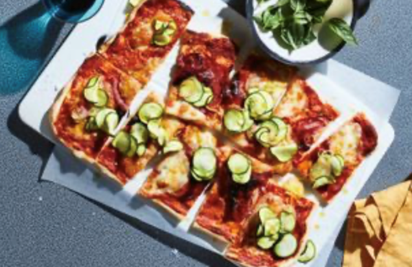Spicy salami pizza with pickled zucchini