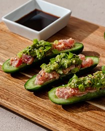 Spicy salmon cucumber boats