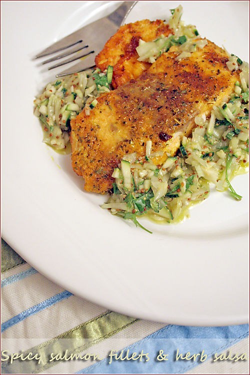 Spicy salmon fillets with fresh herb salsa