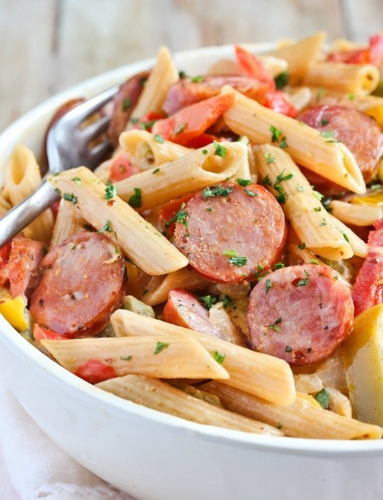 Spicy sausage & mixed vegetable skillet pasta