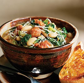 Spicy sausage, escarole, and white bean stew