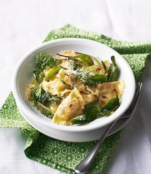 Spicy sausage ravioli and wilted leaves with fennel and chilli-infused butter