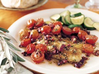 Spicy sauteed fish with olives and cherry tomatoes