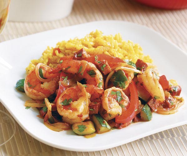 Spicy seared chipotle shrimp with zucchini and chorizo