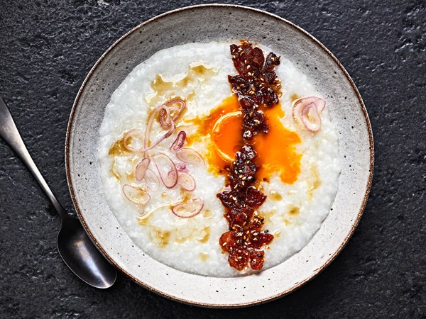 Spicy sesame, bacon, and egg congee
