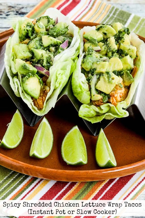 Spicy shredded chicken lettuce wrap tacos with avocado salsa (Instant Pot or slow cooker)