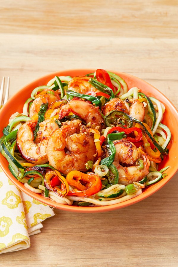 Spicy shrimp stir-fry with zucchini noodles