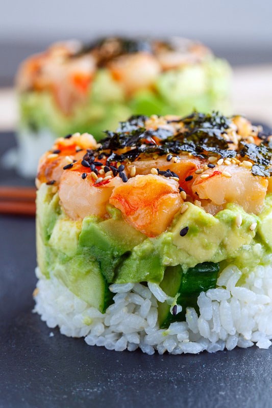 Spicy shrimp sushi stacks