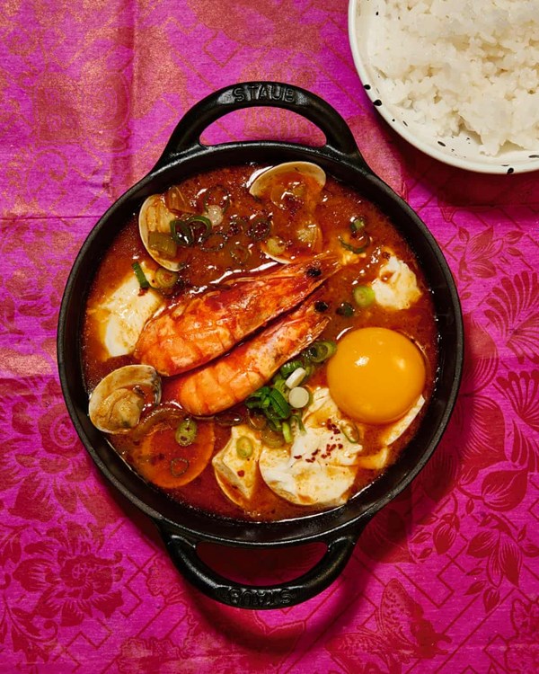Spicy silken tofu soup with seafood (Sundubu jjigae)