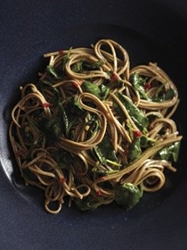 Spicy soba noodles with wilted watercress