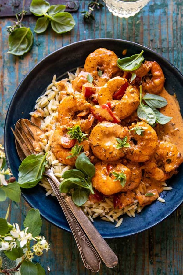 Spicy Southern style shrimp with lemon basil orzo