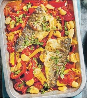 Spicy soy-dressed sea bass with peppers & Greek basil