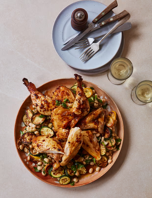 Spicy spatchcock chicken with courgettes