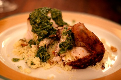 Spicy spatchcocked chicken with cous cous salad & salsa verde