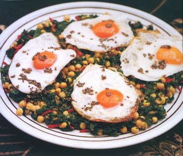 Spicy spinach with eggs and chickpeas
