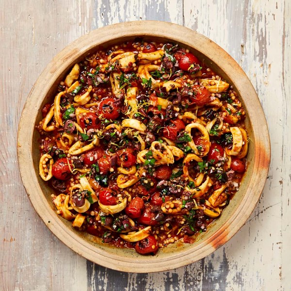 Spicy squid and giant couscous stew