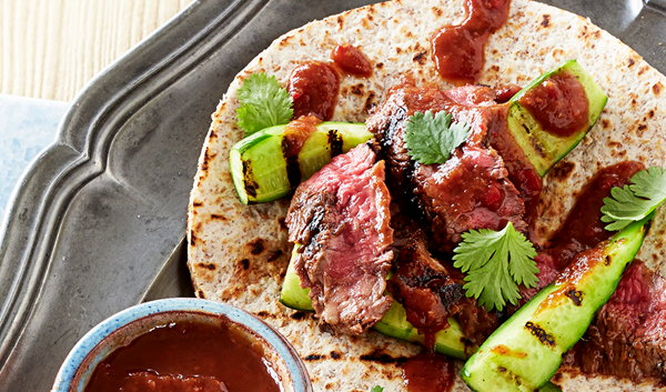 Spicy steak rotis with tamarind & griddled cucumber