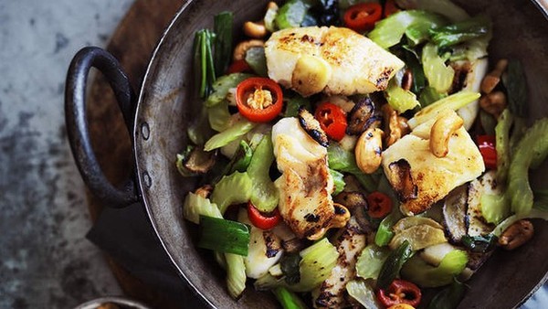 Spicy stir-fried blue-eye trevalla with cashews