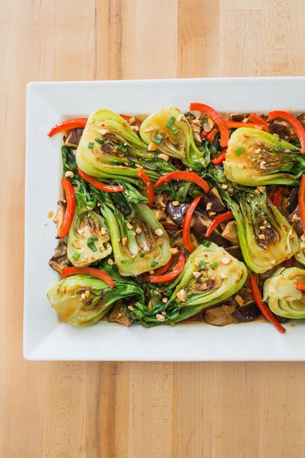 Spicy stir-fried bok choy and shiitakes